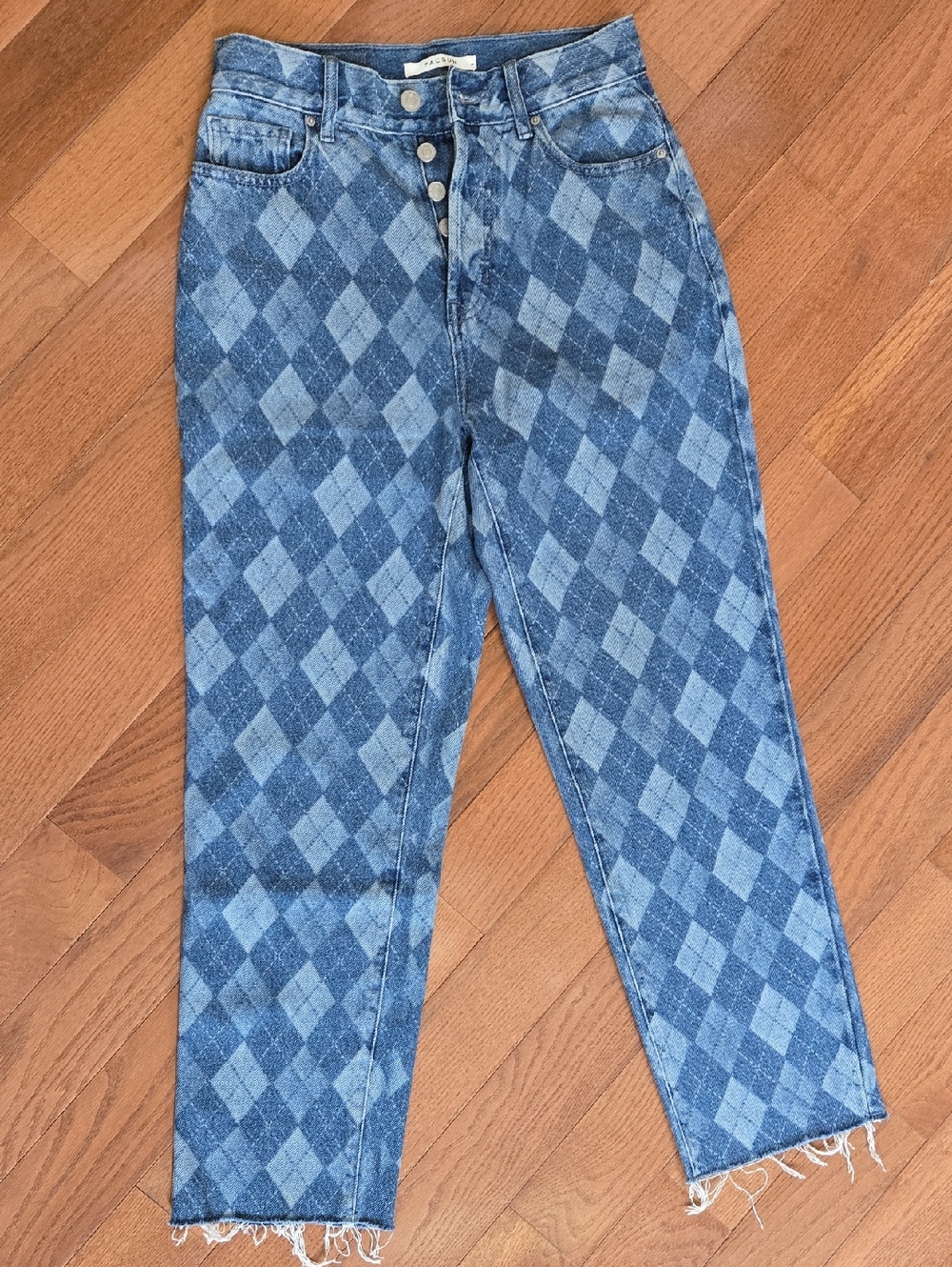 Pac Sun High-Rise Straight Blue Argyle Pattern Women’s Jeans, Size 25
